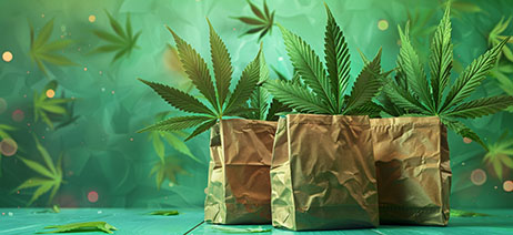 Paper bags with floating cannabis leaves around it