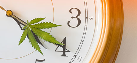 Clock with the hands pointing to 4:20 with a cannabis leaf over them