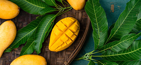 Mangos in a shallow basket surrounded by leaves