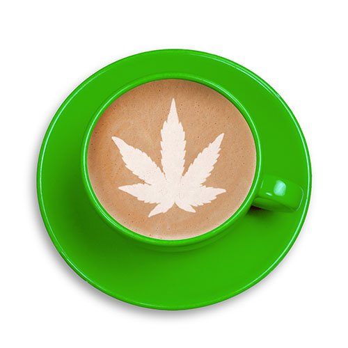 Green mug of hot chocolate with cannabis leaf dusted on top