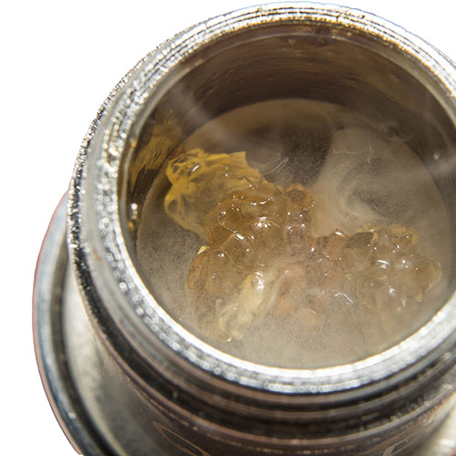 Peering into a dab pen with concentrate inside