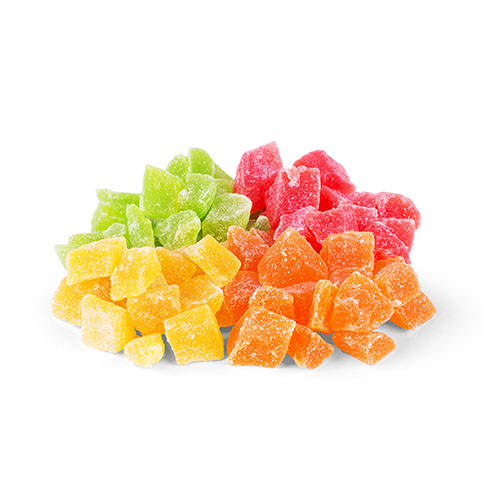 Three orange THC gummies on a white background