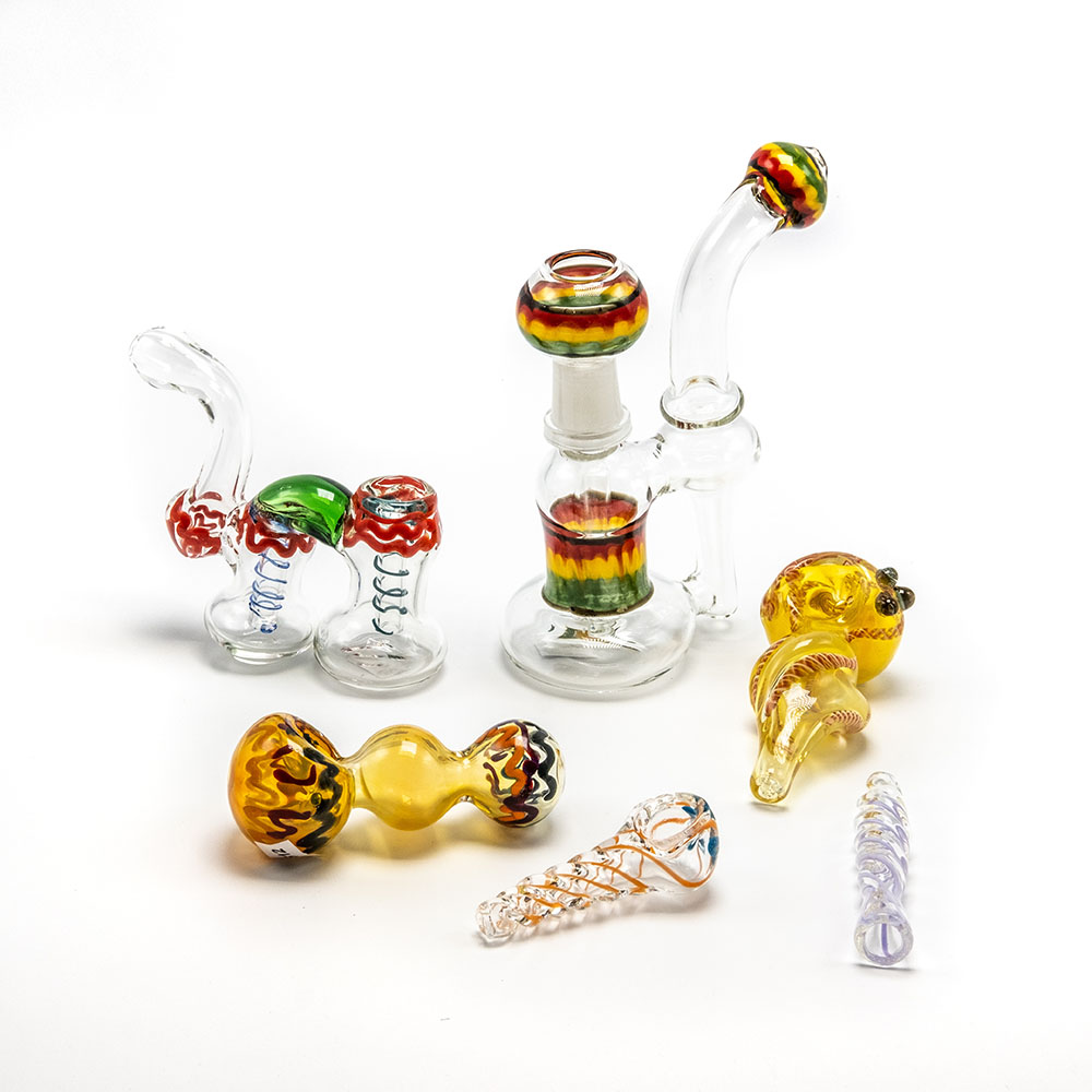 Selection of cannabis hand pipes, bubblers, one-hitters, bongs