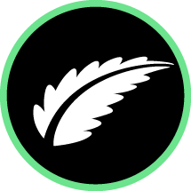 White Verilife leaf on a circular black background, outlined in green