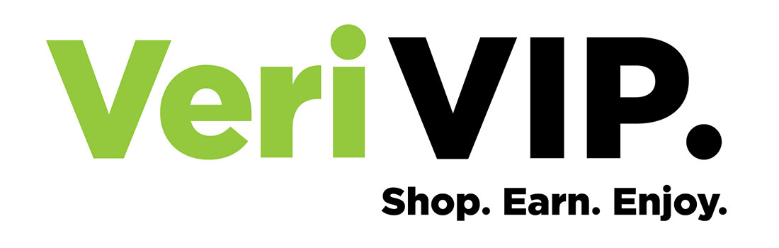 White banner that says VeriVIP. Shop. Earn. Enjoy.