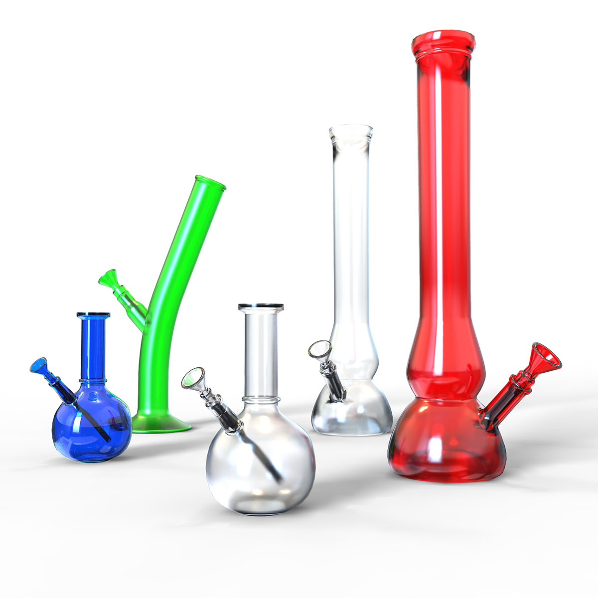 Five bongs in different shapes, colors, and sizes on a white background