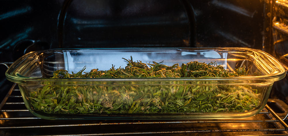 Cannabis flower in a glass baking pan in the oven