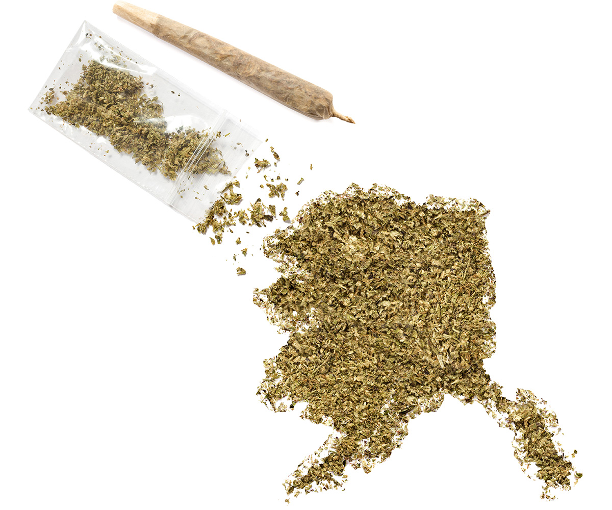 State of Alaska created with cannabis trim, with a joint at the top