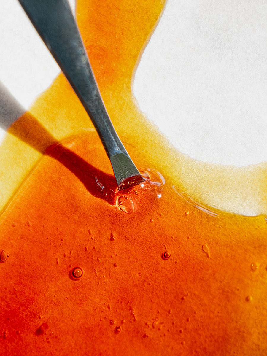 Live resin concentrate being scooped up by a metal dab tool