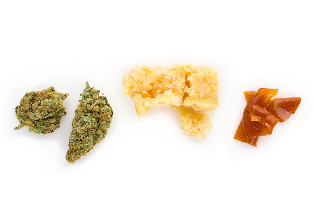 Shatter, flower, and wax in a row